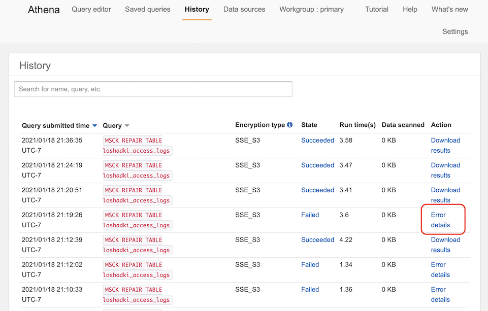 AWS Athena History