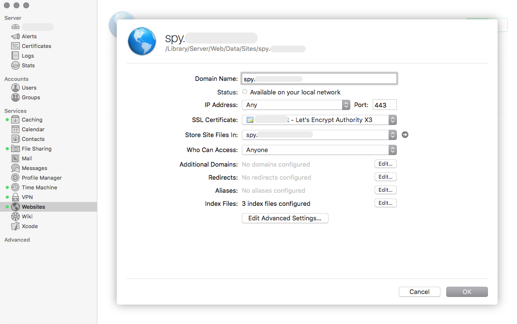 OS X Server WebSite Advanced Settings